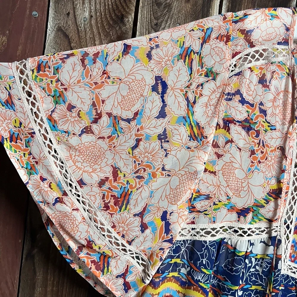 Meadow Rue Boho Sheer Floral Peasant Blouse Flowy Bat Wings Crochet Lace Sz L - Picture 9 of 14